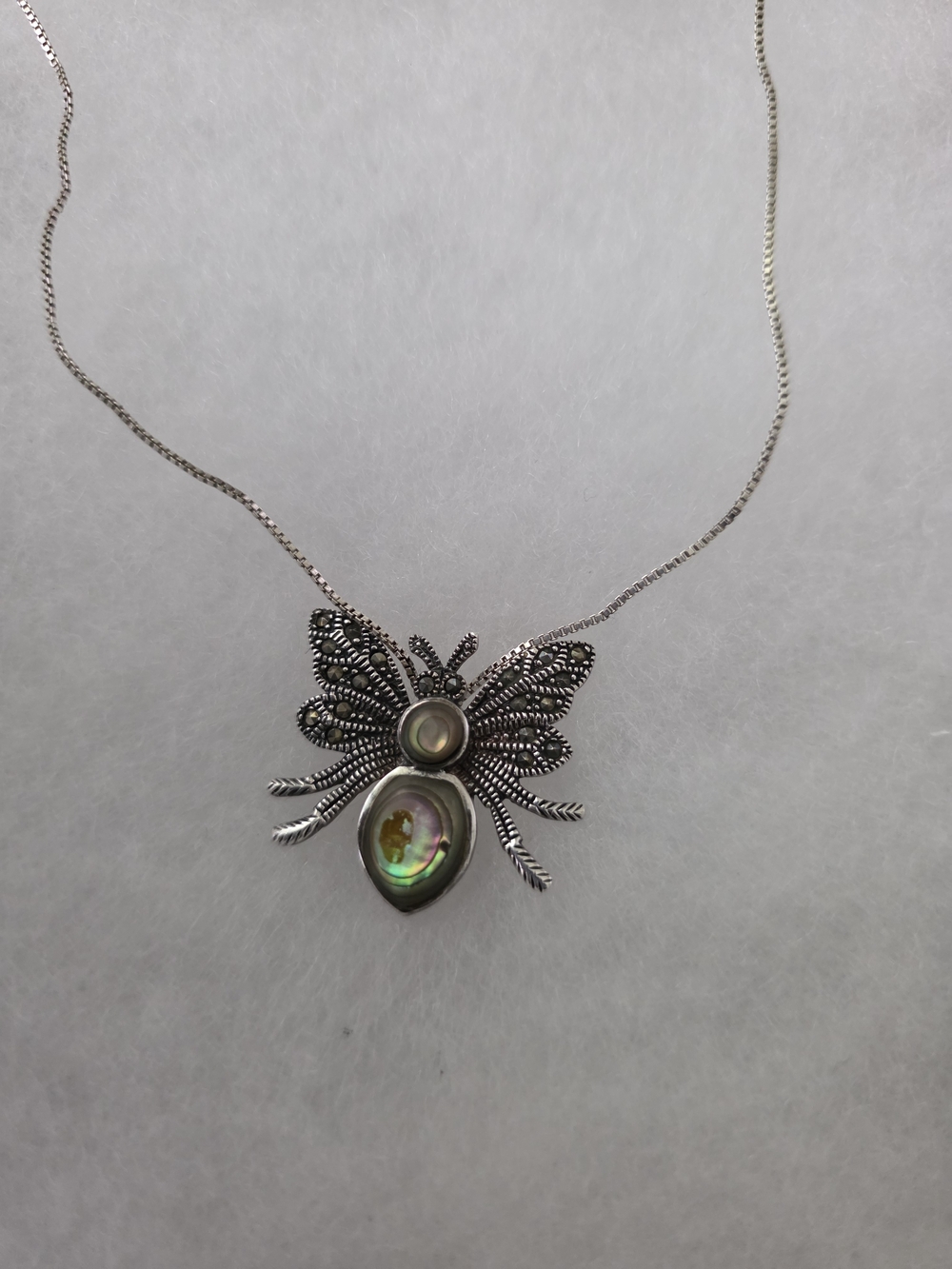 Vintage 925 Sterling Silver Marcasite Abalone Dragonfly Pendant Necklace